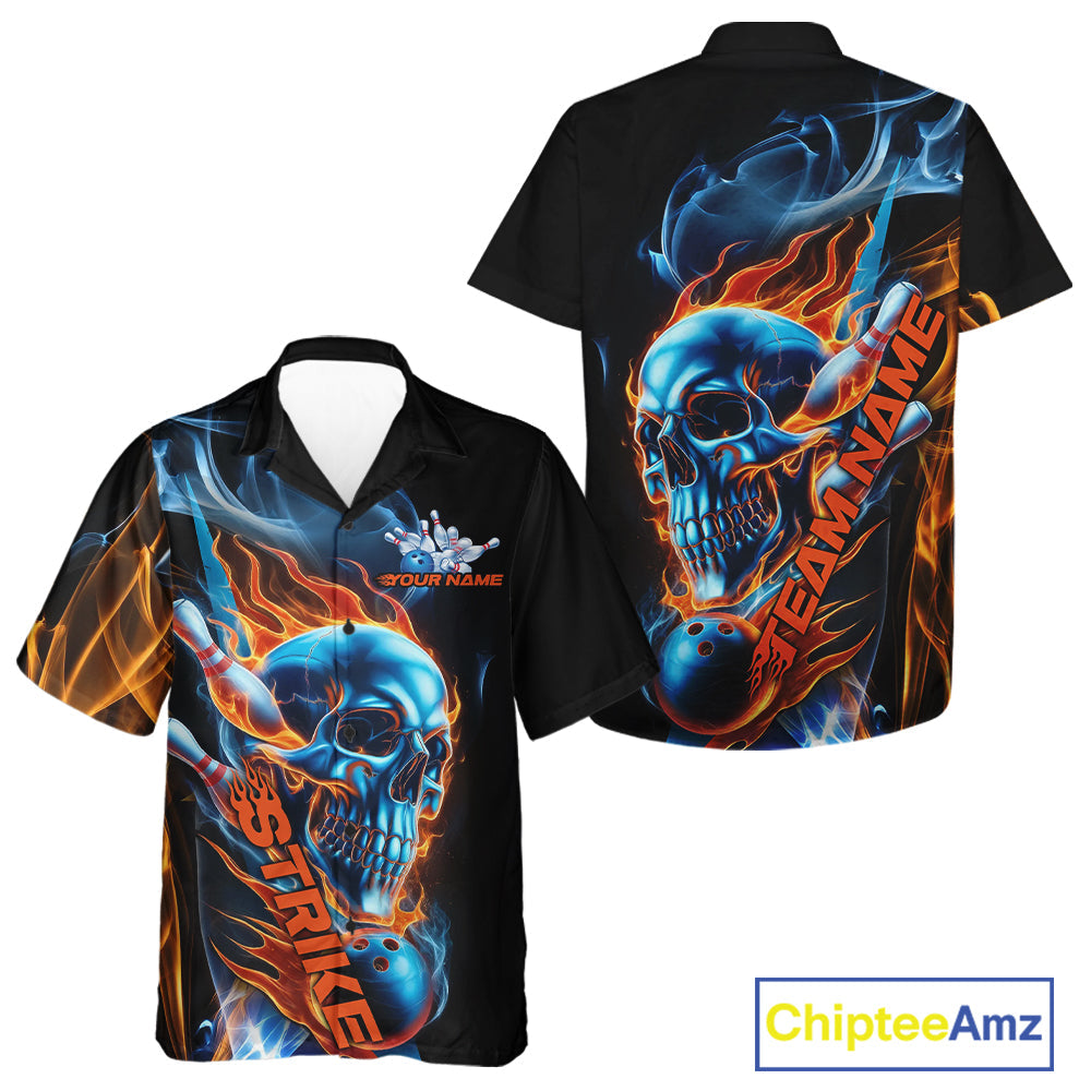 Custom Blue And Orange Fire Flame Strike Skull Bowling Men And Women Hawaiian Shirt, Halloween Outfit IPHW9890