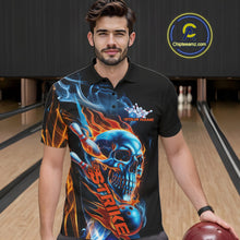 Load image into Gallery viewer, Custom Blue And Orange Fire Flame Strike Skull Bowling Men Polo Shirt, Halloween Outfit IPHW9890