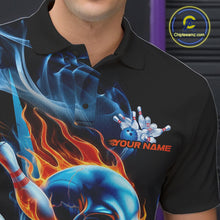 Load image into Gallery viewer, Custom Blue And Orange Fire Flame Strike Skull Bowling Men Polo Shirt, Halloween Outfit IPHW9890