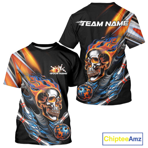 Custom Fire Flame Metal Skull Bowling Men T-Shirts Shirt, Halloween Bowler Outfits IPHW9891