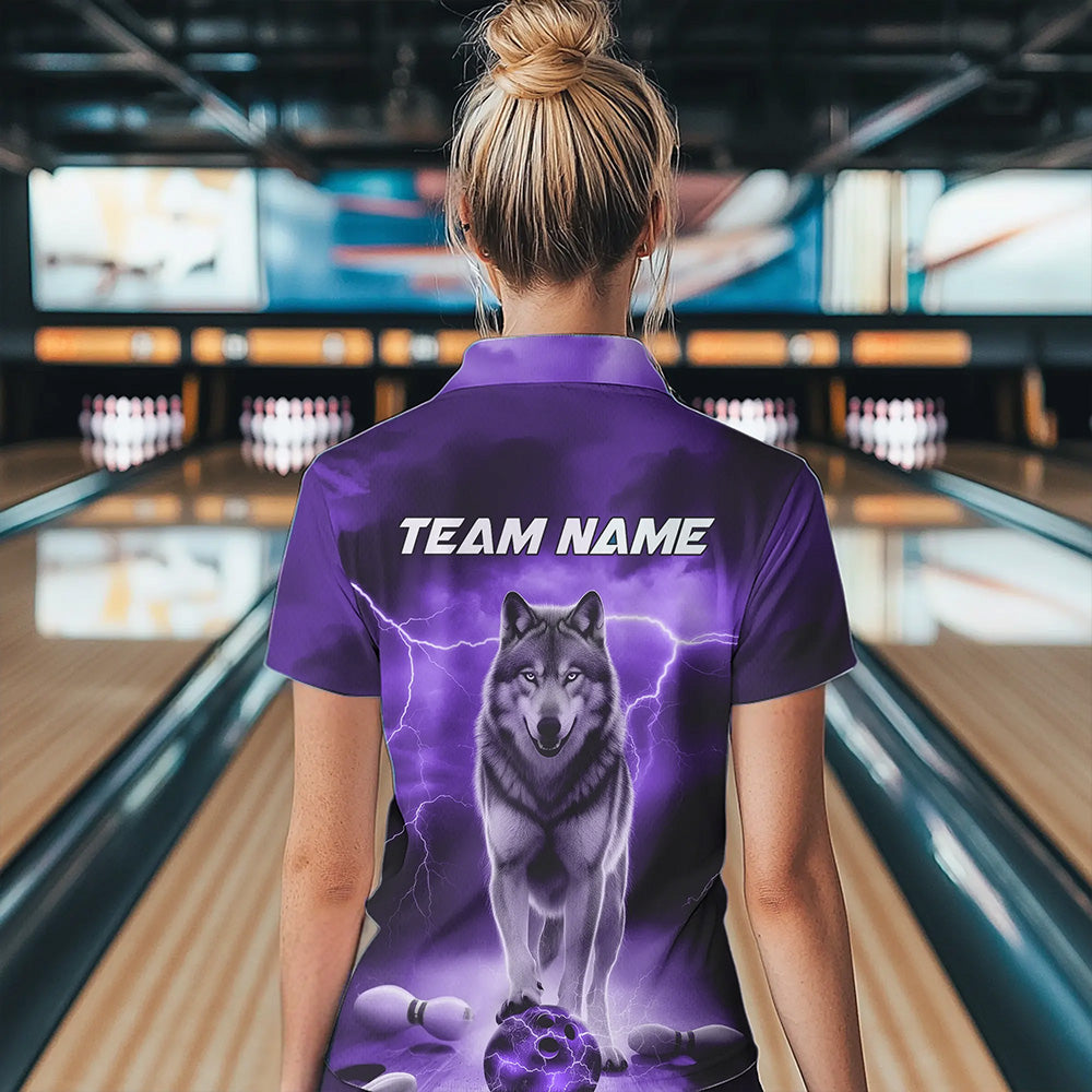 Purple Thunder Lightning Custom Wolf Bowling Womens Quarter-Zip Shirts, Bowling Team Shirt IPHW8426