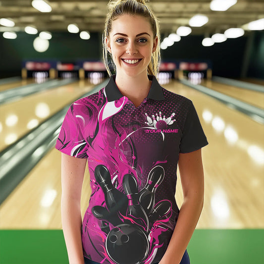 Black And Pink Custom Flame Bowling Polo Shirts For Women, Fire Bowling League Team Shirt IPHW8630
