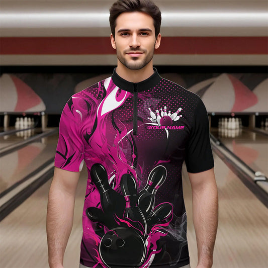 Black And Pink Custom Flame Bowling Quarter-Zip Shirts For Men, Fire Bowling League Team Shirt IPHW8630