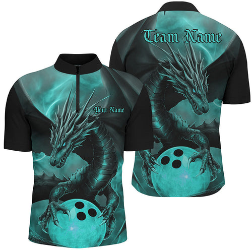 Black And Turquoise Blue Custom Dragon Bowling Quarter-Zip Shirts For Men, Bowling League Shirt IPHW8645