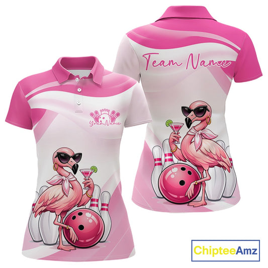 Front and back display of a pink women’s bowling polo shirt featuring a stylish flamingo holding a cocktail beside a bowling ball.