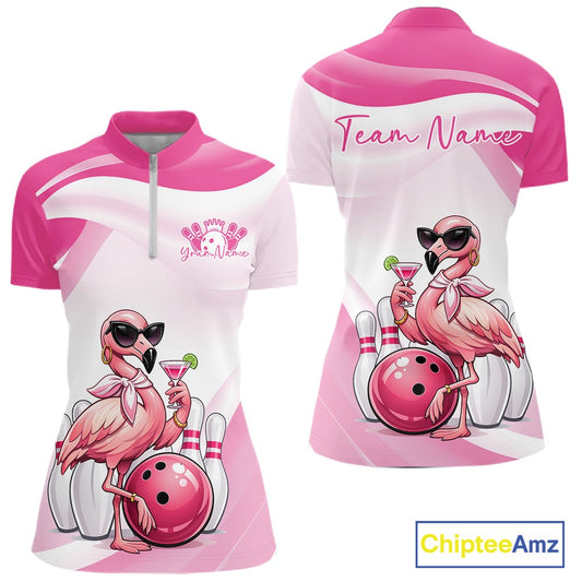 Front and back view of a pink women’s bowling quarter-zip shirt showcasing a stylish flamingo holding a cocktail beside a bowling ball.