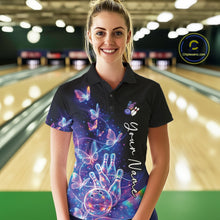 Load image into Gallery viewer, Front view of a female model in a black bowling polo featuring a starry galaxy background, glowing neon swirls, and hologram butterflies