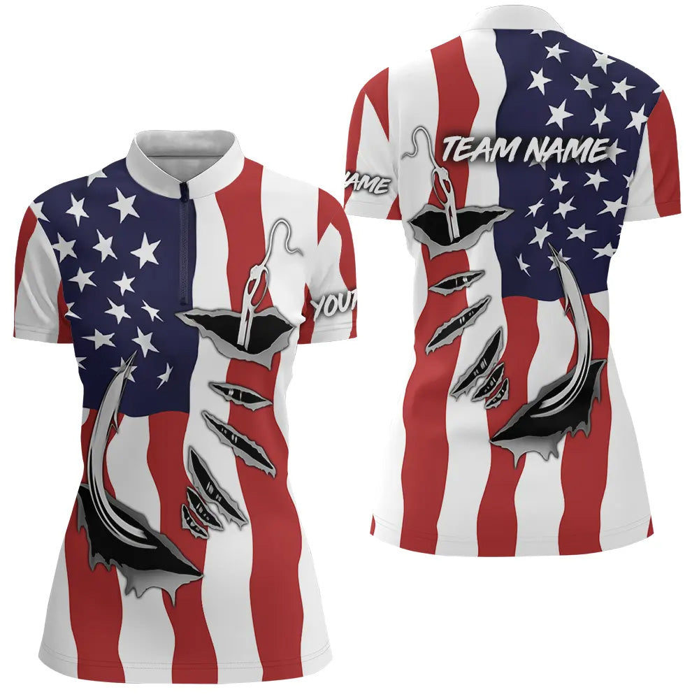 Custom Women American Flag Fishing Shirts With Fish Hook Design, Patriotic Fishing Team Jersey IPHW5142