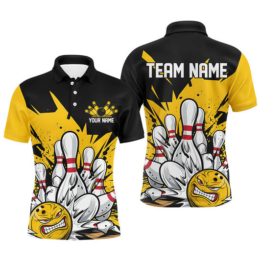 Black And Yellow Custom Funny Bowling Shirts For Men, Angry Bowling Ball Bowling Team Uniform IPHW7532