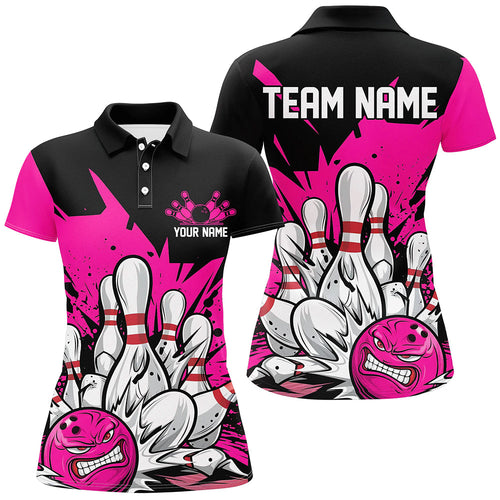 Black And Pink Custom Funny Ladies Bowling Shirts, Angry Bowling Ball Bowling Team Uniform IPHW7533