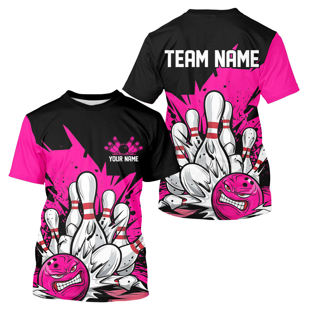 Black And Pink Custom Funny Bowling Men T-Shirts, Angry Bowling Ball Team Uniform IPHW7533