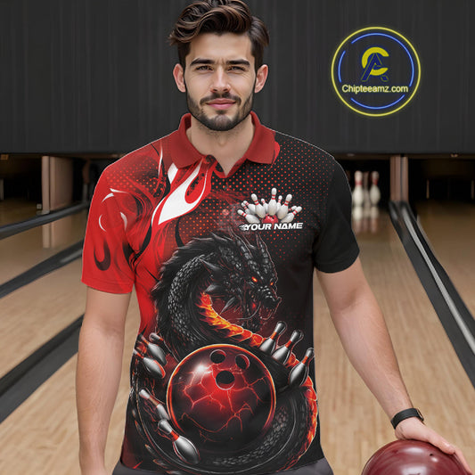 Custom Black And Red Dragon Bowling Jerseys, Dragon Bowling Team Men Polo Shirt IPHW10267