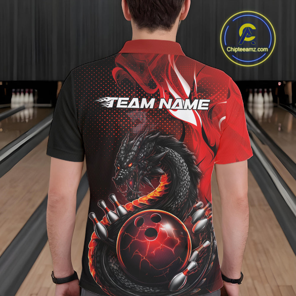 Custom Black And Red Dragon Bowling Jerseys, Dragon Bowling Team Men Polo Shirt IPHW10267
