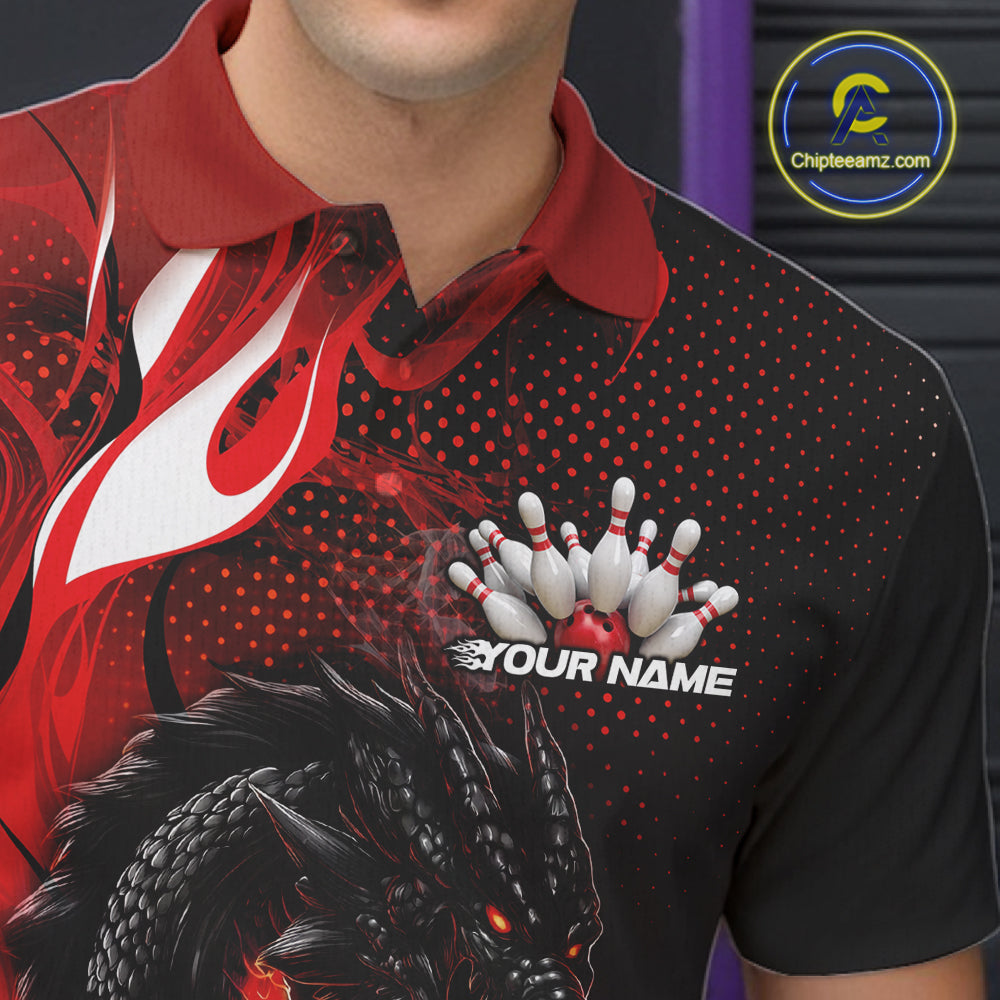Custom Black And Red Dragon Bowling Jerseys, Dragon Bowling Team Men Polo Shirt IPHW10267