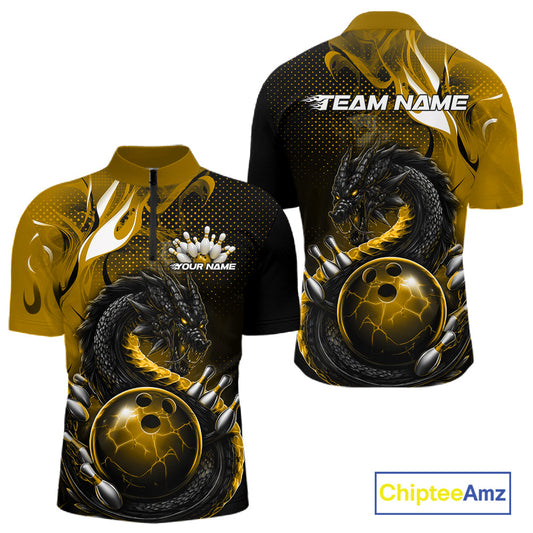 Custom Black And Yellow Dragon Bowling Jerseys, Dragon Bowling Team Men Quarter-Zip Shirt IPHW10270