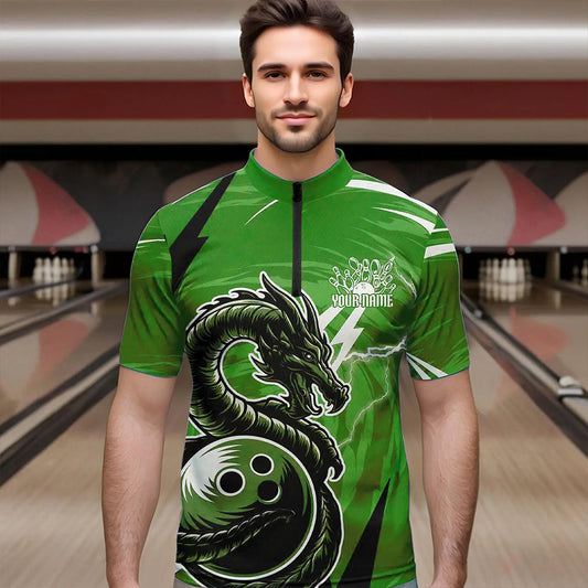 Custom Black And Green Thunder Lightning Dragon Bowling Jerseys Bowling Quarter-Zip Shirts For Men IPHW8660