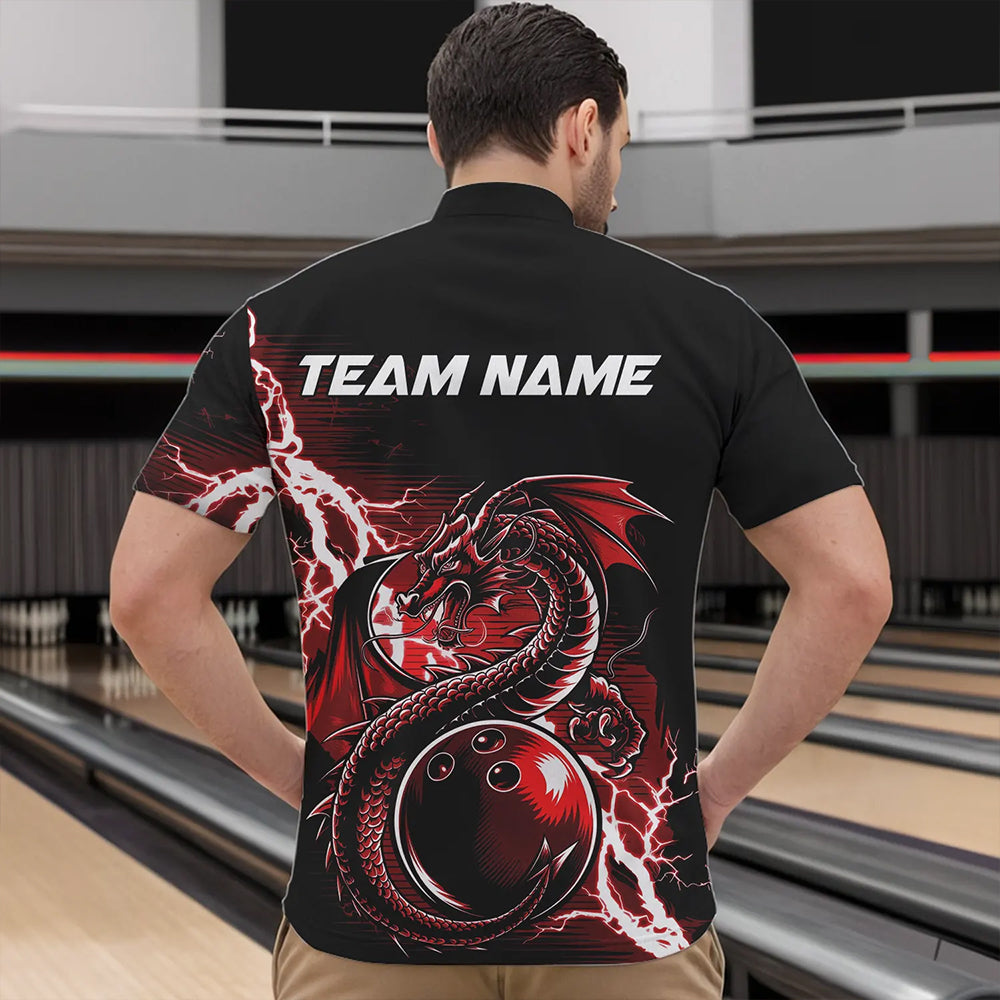 Custom Black And Red Thunder Lightning Dragon Bowling Quarter-Zip Shirts For Men, Bowlers Outfits IPHW8662