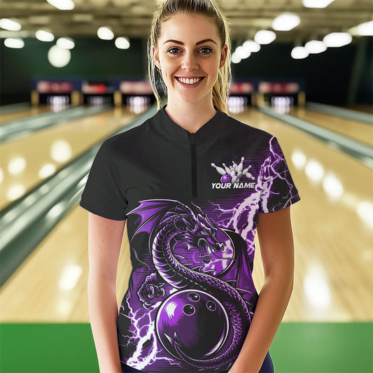 Custom Black And Purple Thunder Lightning Dragon Bowling  Womens Quarter-Zip Shirts IPHW8664