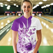 Load image into Gallery viewer, Custom White And Purple Butterfly Women Bowling Quarter-Zip Shirts, Ladies Bowling Shirt IPHW11337