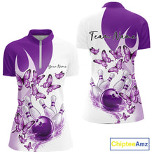Load image into Gallery viewer, Custom White And Purple Butterfly Women Bowling Quarter-Zip Shirts, Ladies Bowling Shirt IPHW11337