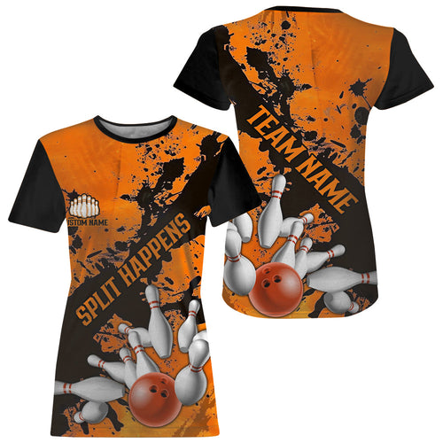 Split Happens Funny Orange Strike Bowling Women T-Shirts For Team, Bowling Apparel IPHW6171