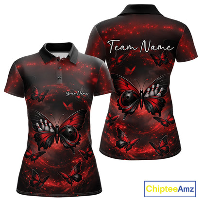 Front and back mockup of a women’s bowling polo shirt featuring a red and black butterfly with a bowling ball body on a smoky backdrop.