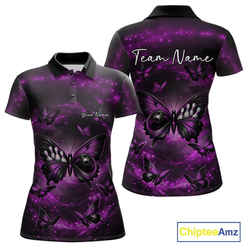 Front and back display of a women’s bowling polo shirt showcasing a purple and black butterfly with a bowling ball body on a smoky background.
