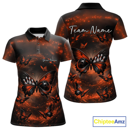 Front and back mockup of a women’s bowling polo shirt featuring an orange and black butterfly with a bowling ball body against a smoky backdrop.