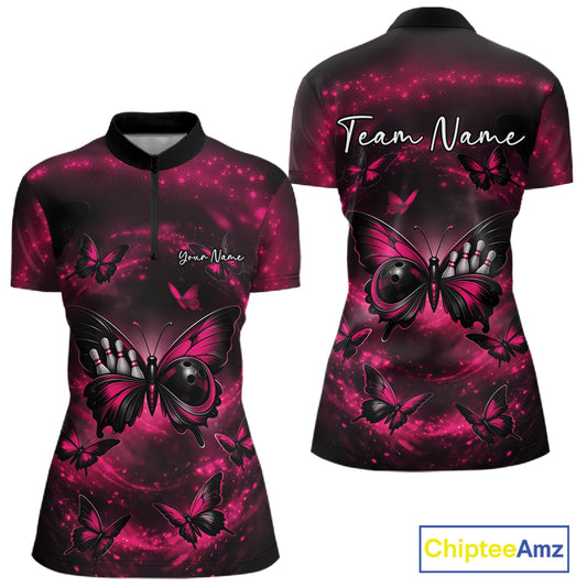 Front and back mockup of a women’s bowling quarter-zip shirt featuring a pink and black butterfly with a bowling ball body on a smoky background.