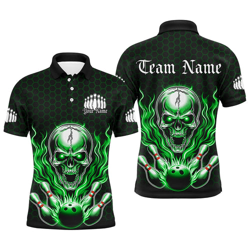 Custom Green Flame Bowling Polo Shirts For Men, Halloween Skull Bowling Shirt Bowling Outfit IPHW6859