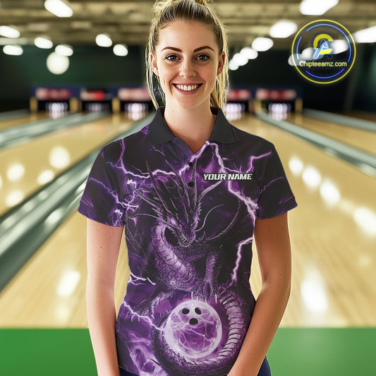 Custom Purple Thunder Lightning Dragon Bowling Polo Shirts For Women, Team Uniform IPHW9758