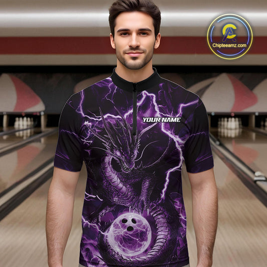 Custom Purple Thunder Lightning Dragon Bowling Quarter-Zip Shirts For Men, Team Uniform IPHW9758