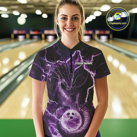 Custom Purple Thunder Lightning Dragon Bowling Quarter-Zip Shirts For Women, Team Uniform IPHW9758