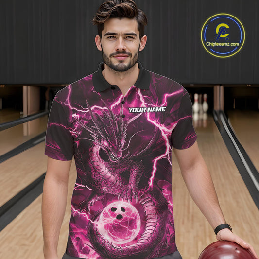 Custom Pink Thunder Lightning Dragon Bowling Polo Shirts For Men, Team Uniform IPHW9760