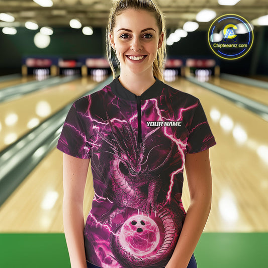 Custom Pink Thunder Lightning Dragon Bowling Quarter-Zip Shirts For Women, Team Uniform IPHW9760