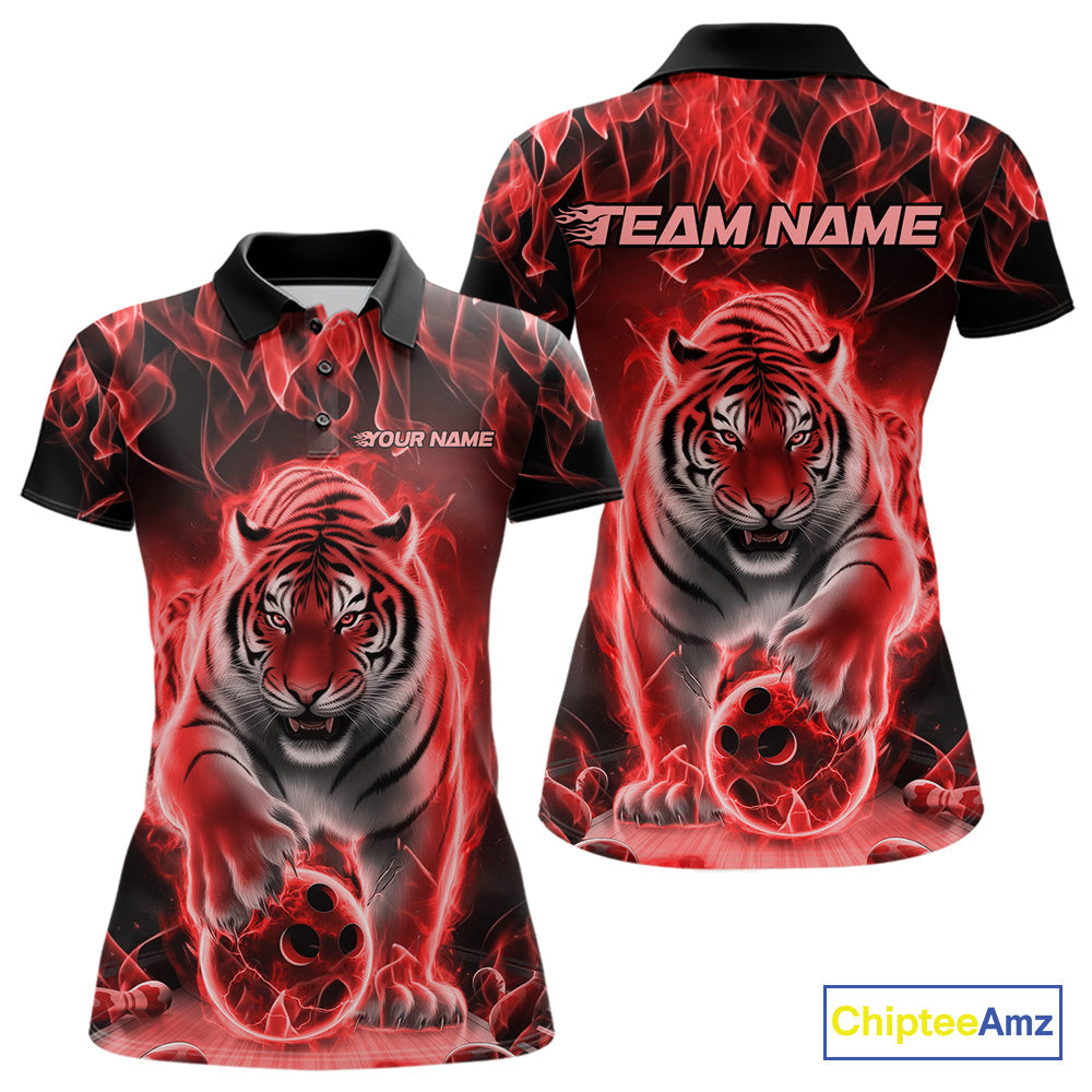 Custom Red Flame Tiger Bowling Polo Shirts For Women, Tiger Bowling Team Shirt IPHW9762
