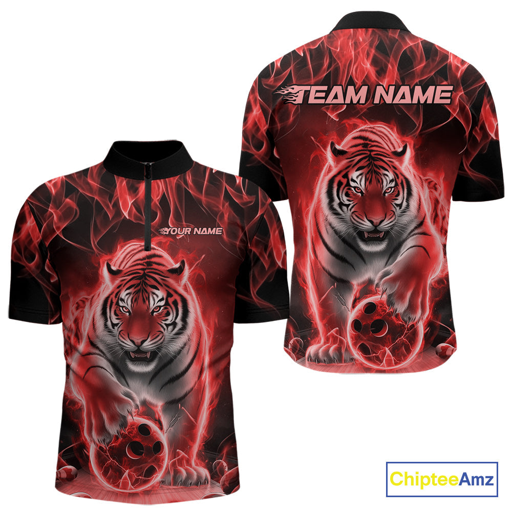 Custom Red Flame Tiger Bowling Quarter-Zip Shirts For Men, Tiger Bowling Team Shirt IPHW9762