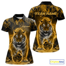 Load image into Gallery viewer, Custom Yellow Flame Tiger Bowling Polo Shirts For Women, Tiger Bowling Team Shirt IPHW9763