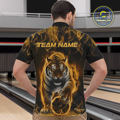 Custom Yellow Flame Tiger Bowling Quarter-Zip Shirts For Men, Tiger Bowling Team Shirt IPHW9763