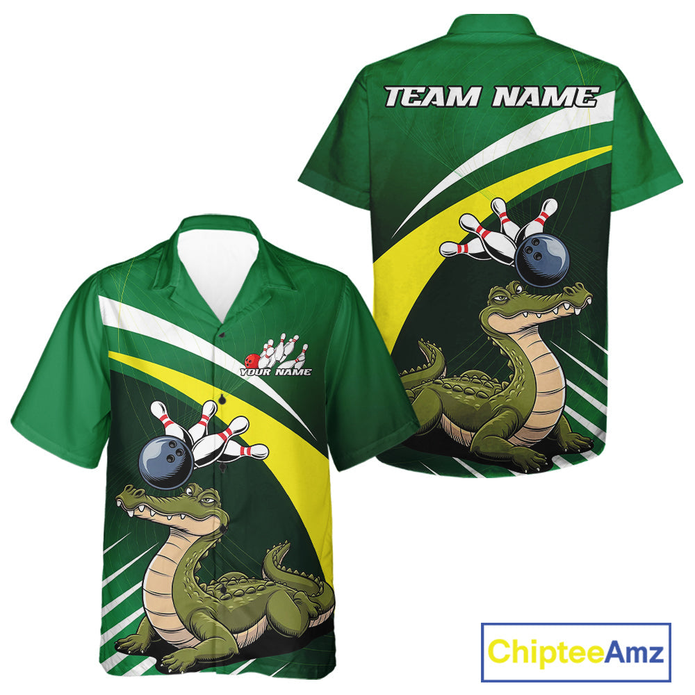 Custom Funny Green Alligator Bowling Hawaiian Shirt For Men And Women, Bowling League Shirt For Team IPHW9926