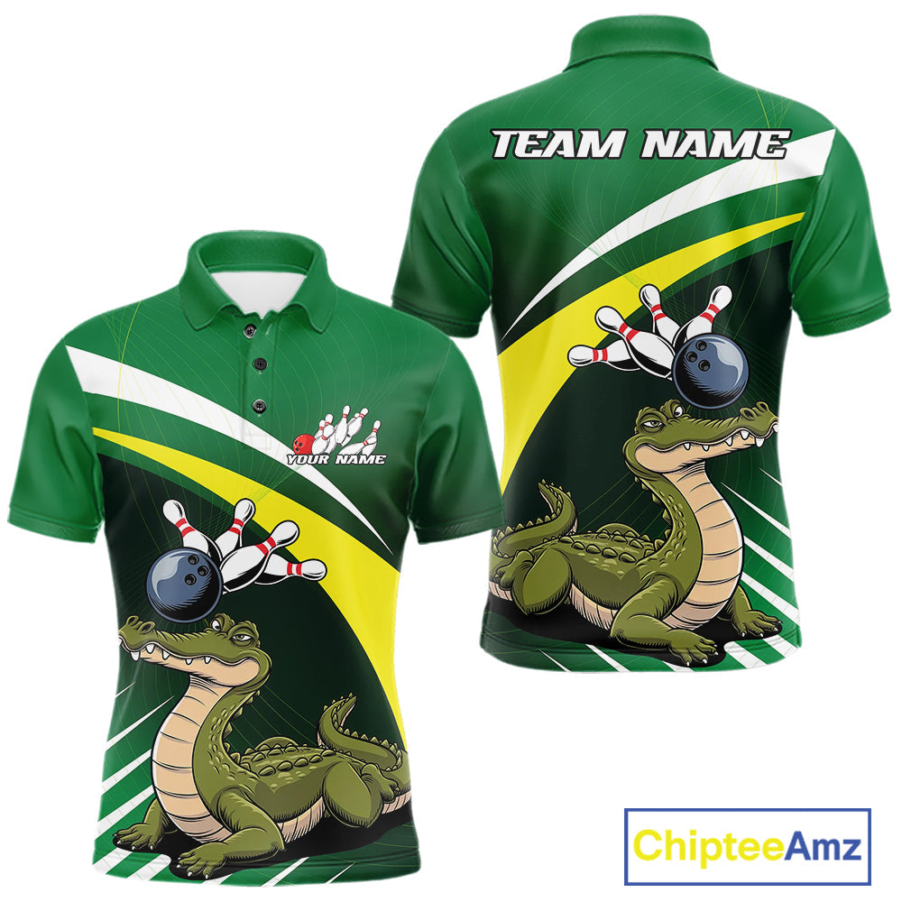 Custom Funny Green Alligator Bowling Polo Shirt For Men, Bowling League Shirt For Team IPHW9926