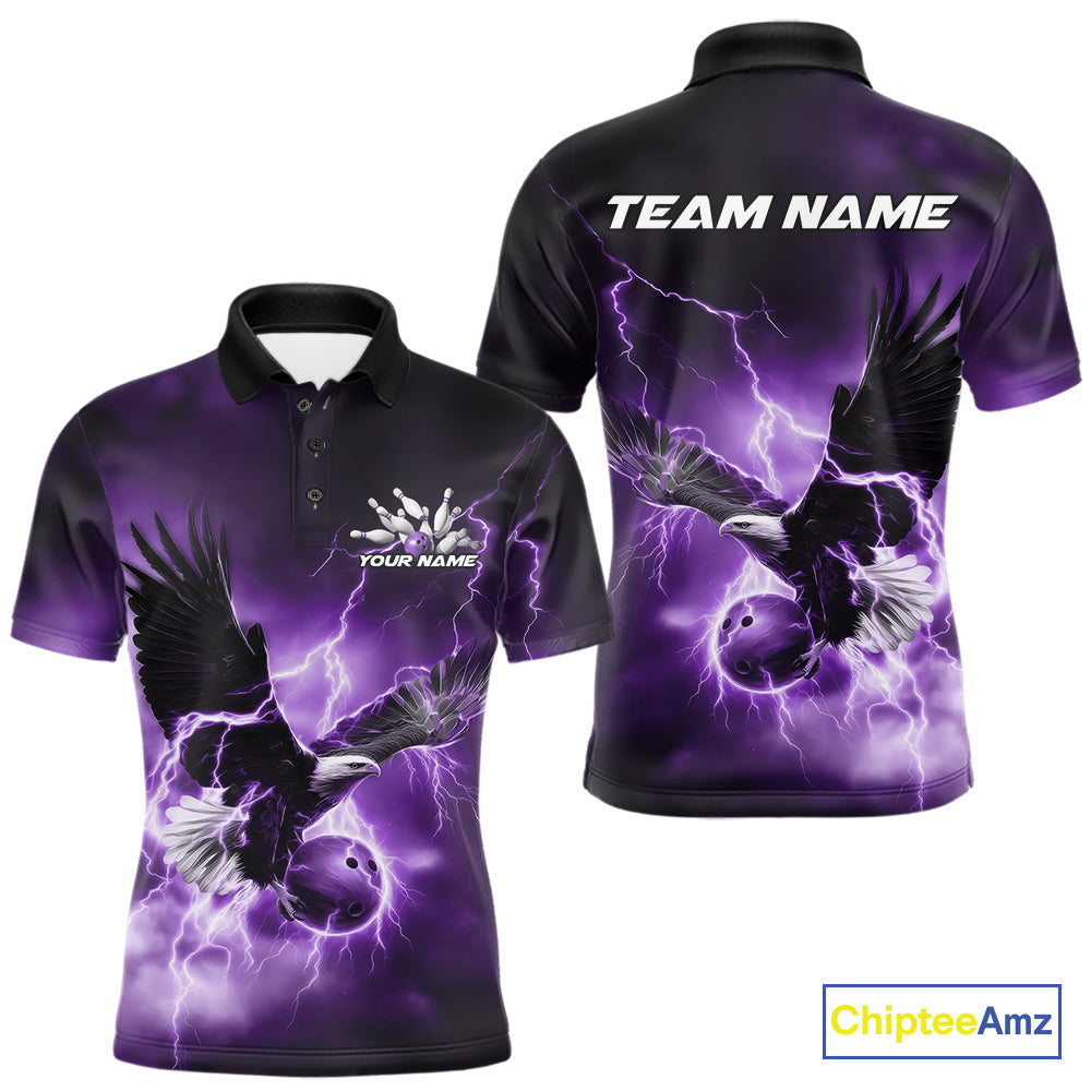 Custom Purple Thunder Lightning Eagle Bowling Men Polo Shirts, Eagle Bowling Team Jerseys IPHW10148