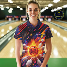 Load image into Gallery viewer, Custom Colorful Fire Flame Bowling Team Women Polo Shirt, Bowling League Shirt IPHW10297