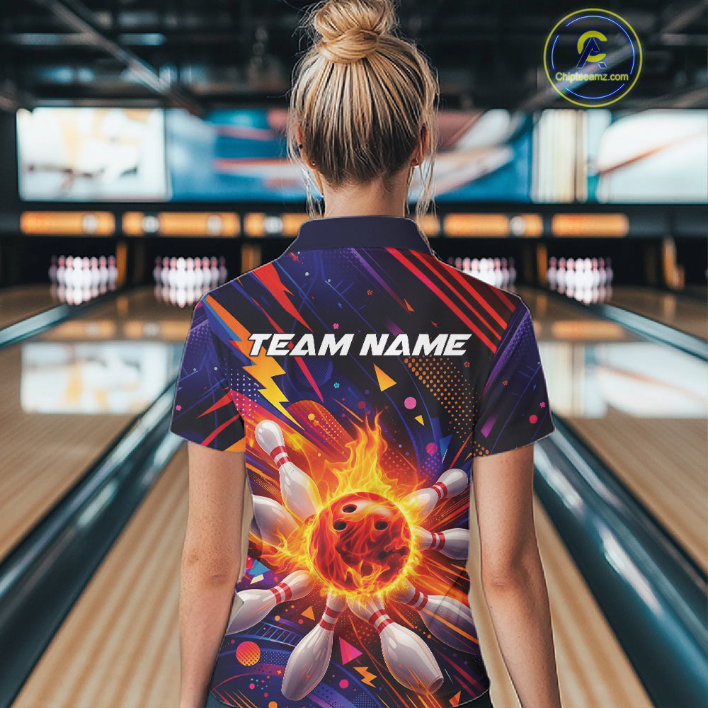 Custom Colorful Fire Flame Bowling Team Women Quarter-Zip Shirt, Bowling League Shirt IPHW10297