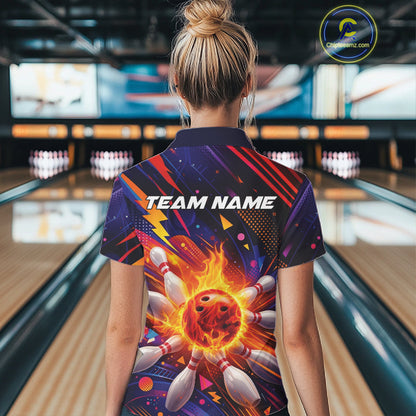 Custom Colorful Fire Flame Bowling Team Women Quarter-Zip Shirt, Bowling League Shirt IPHW10297