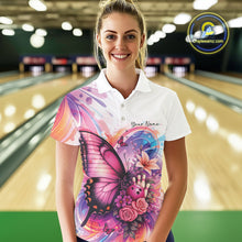 Load image into Gallery viewer, Custom Colorful Butterfly And Roses Flowers Bowling Women Polo Shirts With Name IPHW10298