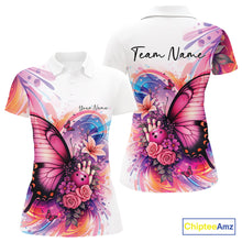Load image into Gallery viewer, Custom Colorful Butterfly And Roses Flowers Bowling Women Polo Shirts With Name IPHW10298