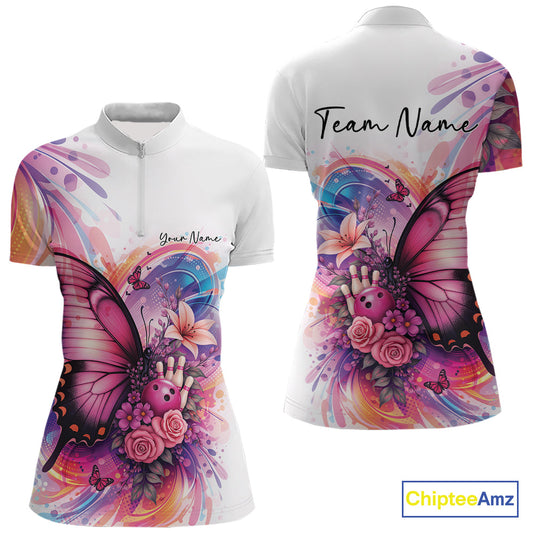 Custom Colorful Butterfly And Roses Flowers Bowling Women Quarter-Zip Shirts With Name IPHW10298