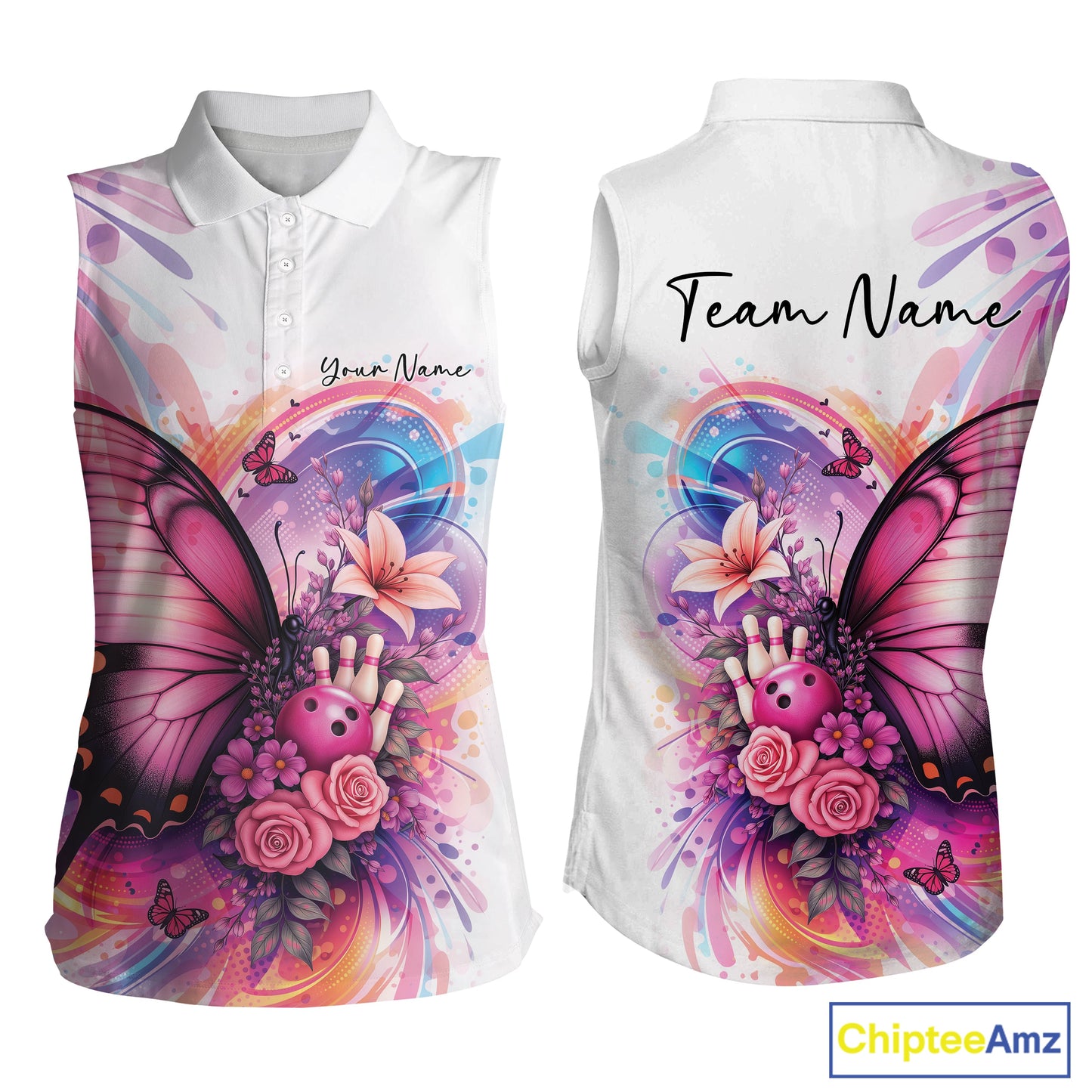 Custom Colorful Butterfly And Roses Flowers Bowling Women Sleeveless Polo Shirts With Name IPHW10298