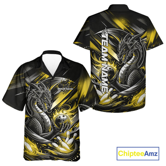 Personalized Black And Yellow Dragon Bowling Team Jerseys, Dragon Bowling Hawaiian Shirt IPHW10302